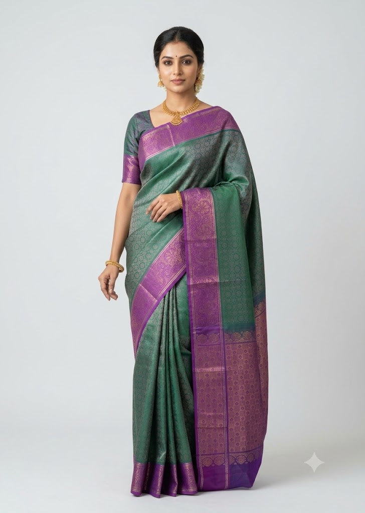 PURE SOFT SILK SAREE GREEN AND PURPLE WITH ALLOVER BUTTI DESIGN WEAVES IN BORDER AND PALLU TISSUE STYLE