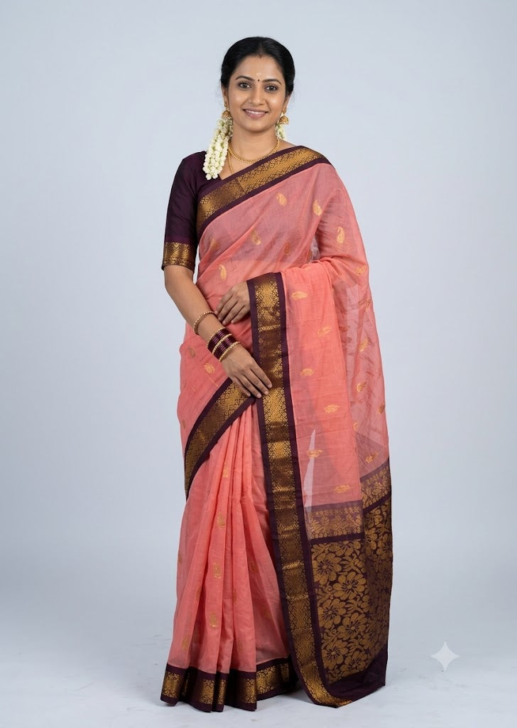 Traditional Peach Pink Gadwal Cotton Saree with Dark Plum Zari Border gc1