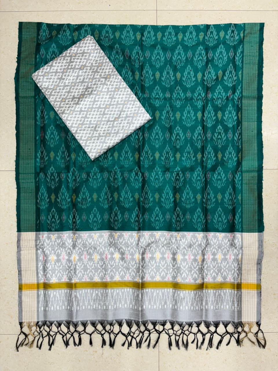 Latest Ikkat Silk Dress Material: Rama Green &amp; Cream Pochampally Salwar Suit