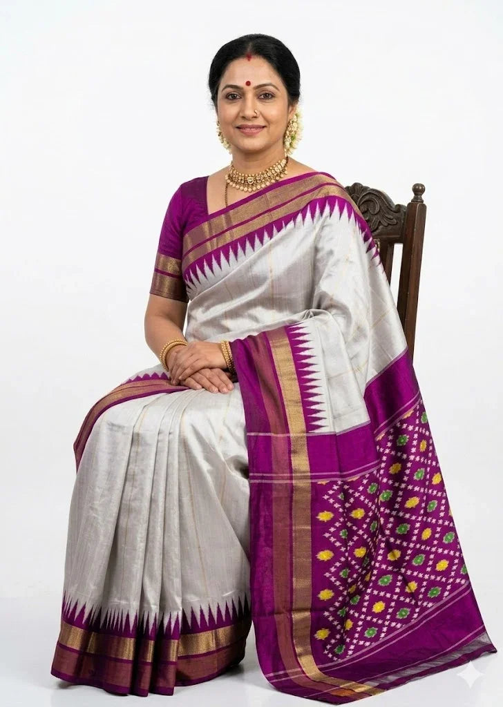 Elegant Off-White & Purple Ikat Silk Saree with Temple Border - pochampallysarees.com