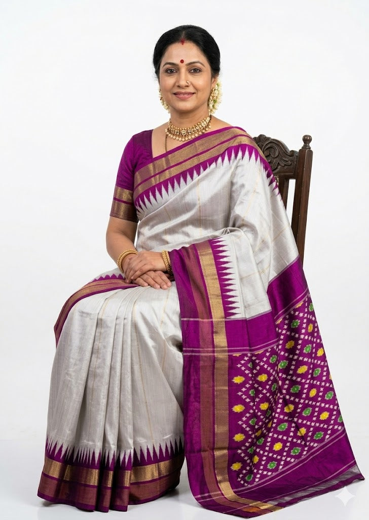 Elegant Off-White &amp; Purple Ikat Silk Saree with Temple Border