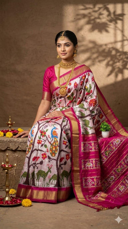 Authentic Pure Silk Patola Saree Original Cream Red - pochampallysarees.com