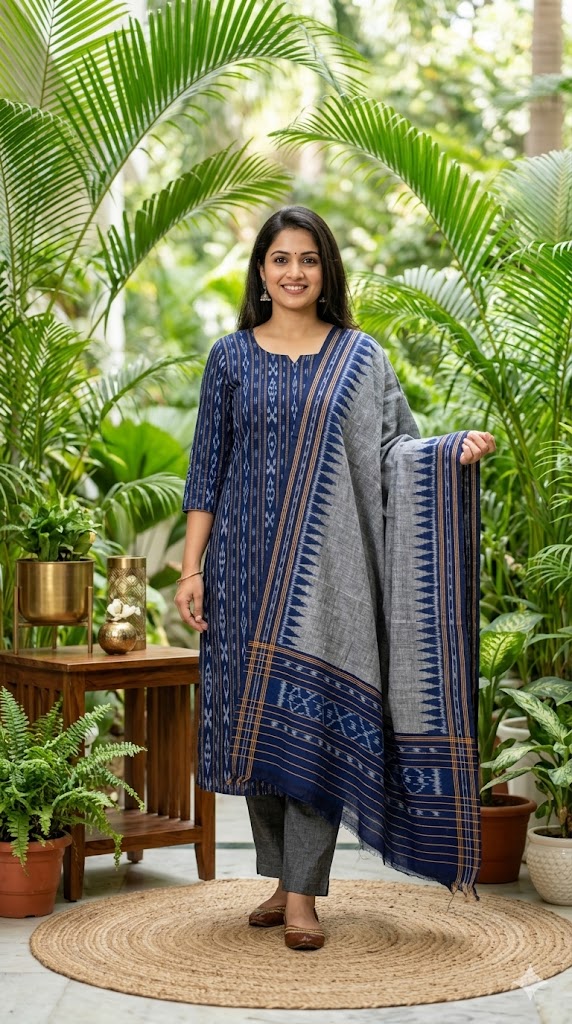 Unstitched Blue &amp; Grey Ikat Cotton Suit Material