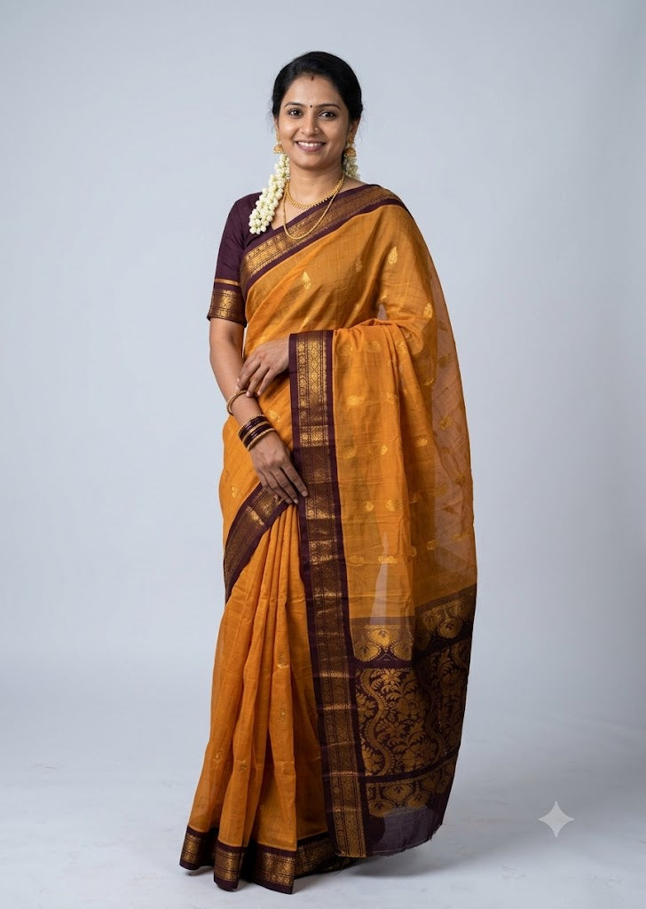 Traditional Mustard Orange Gadwal Cotton Saree with Dark Plum Zari Border gc32