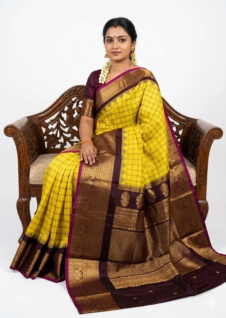 Authentic Lemon Yellow Checkered Gadwal Silk Saree with Rich Contrast Border - pochampallysarees.com