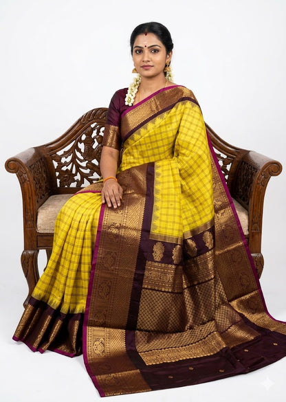 Authentic Lemon Yellow Checkered Gadwal Silk Saree with Rich Contrast Border - pochampallysarees.com