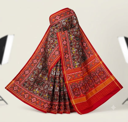 Authentic Crimson Red Handloom Real Ikkat Patola Silk Saree