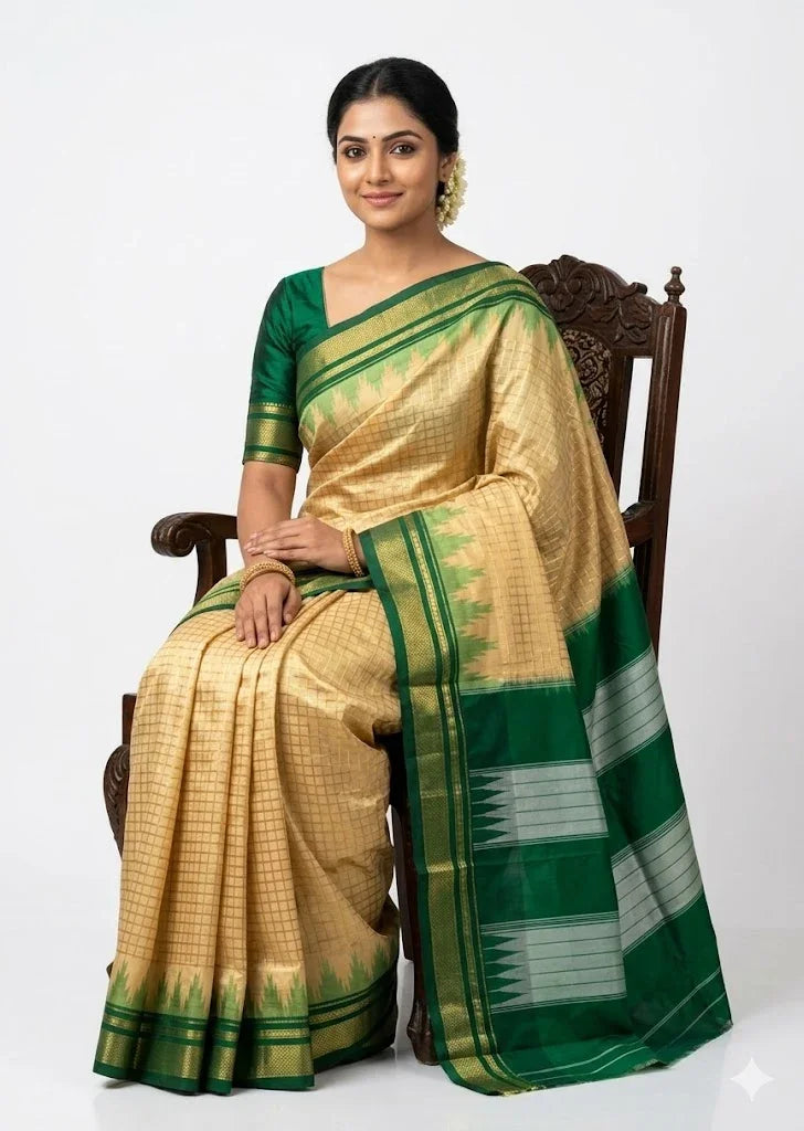Gadwal Cream & Green Woven Check Saree with Temple Border - pochampallysarees.com