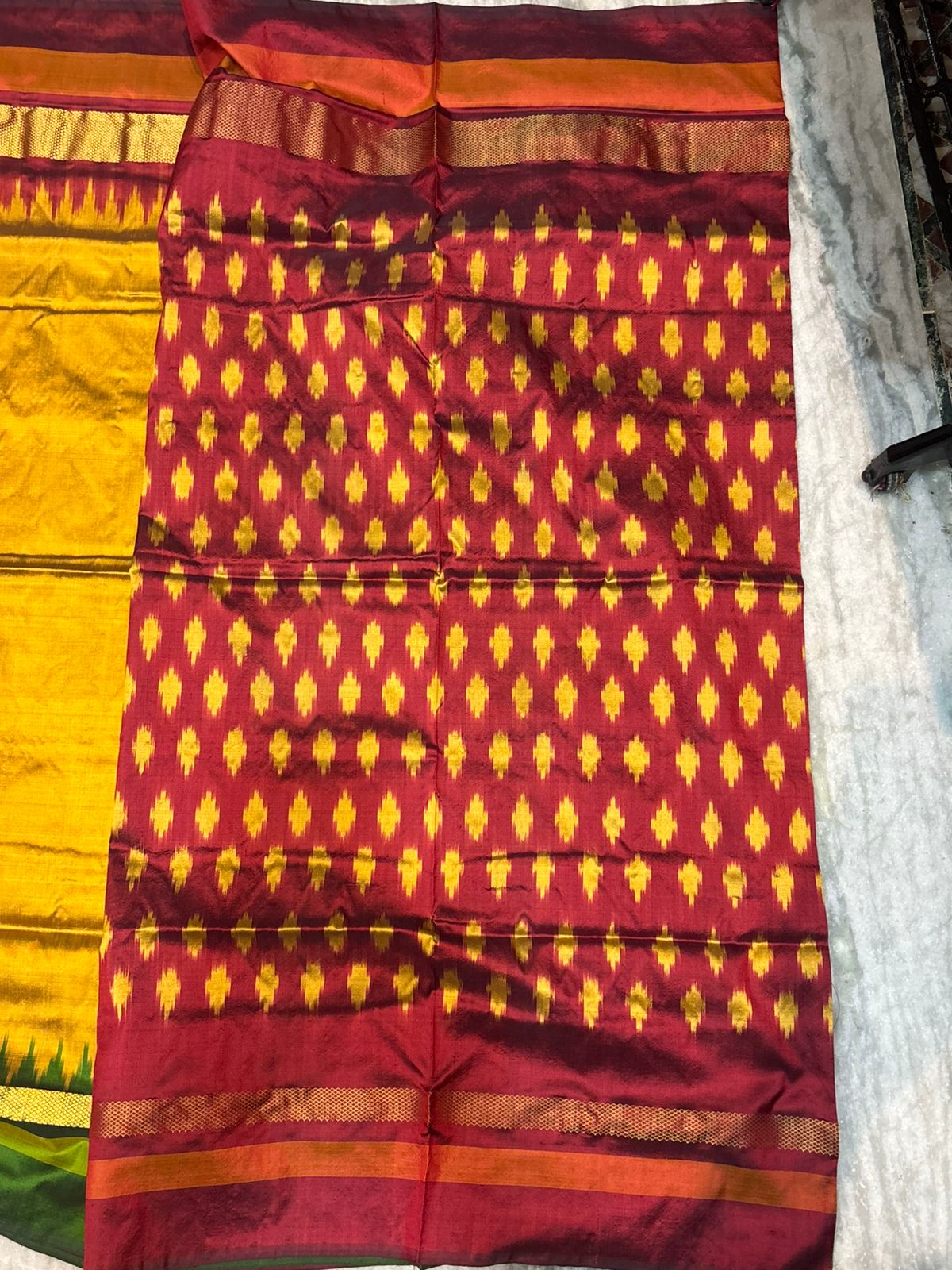 Authentic Pure Ikkat Silk Saree - Mustard Yellow &amp; Maroon with Zari Temple Border