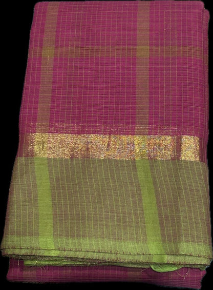 MANGALAGIRI COTTONS BODY RED CHECKS DESIGNER BORDER ZARI PALLU AND BLOUSE RUNNING - pochampallysarees.com