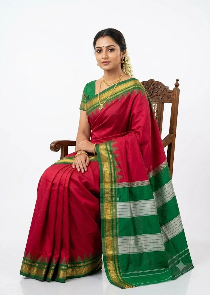 Deep Pink-Red Gadwal Silk Saree with Green & Zari Border - pochampallysarees.com
