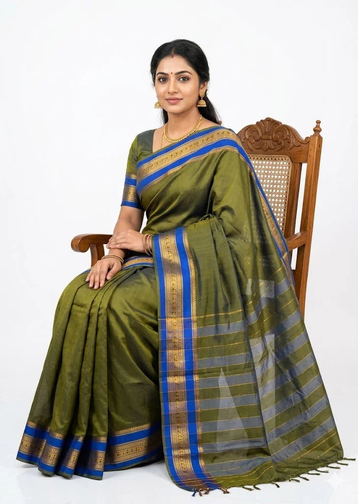 NARAYANPET SAREE OliveGREEN with Pink COLOR ONLINE
