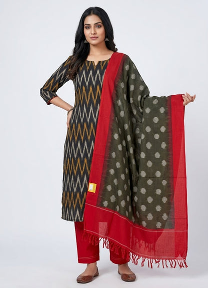 DOUBLE IKAT COTTON COFFE BROWN COLOR DRESS MATERIAL -C46