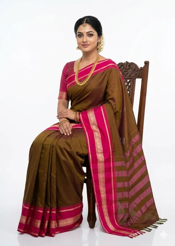 Traditional Brown and Magenta Pink Saree with Intricate Zari Border and Striped Pallu