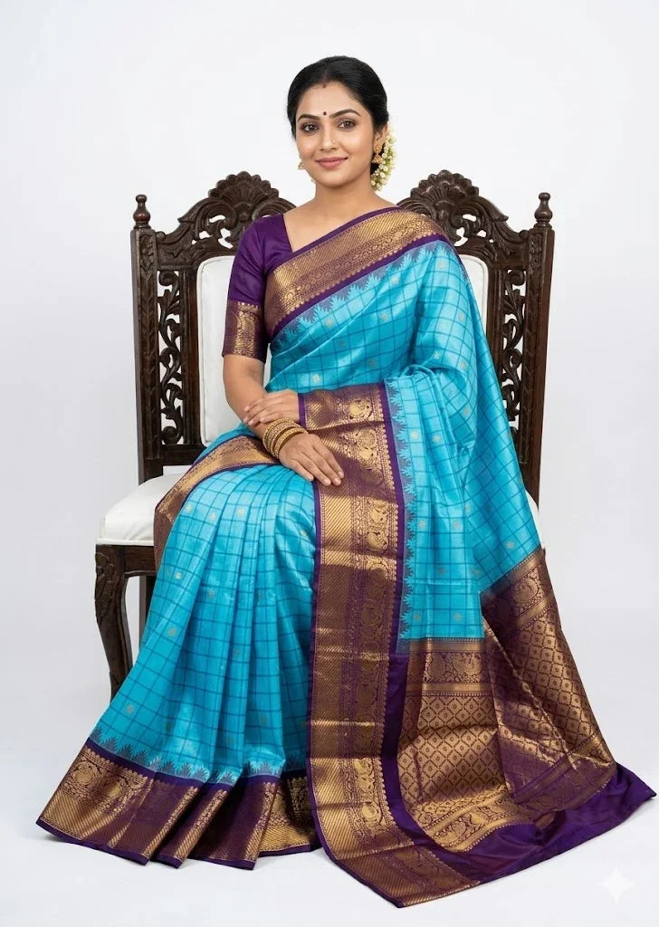 Elegant Sky Blue Checkered Silk Saree with Purple Zari Border - pochampallysarees.com