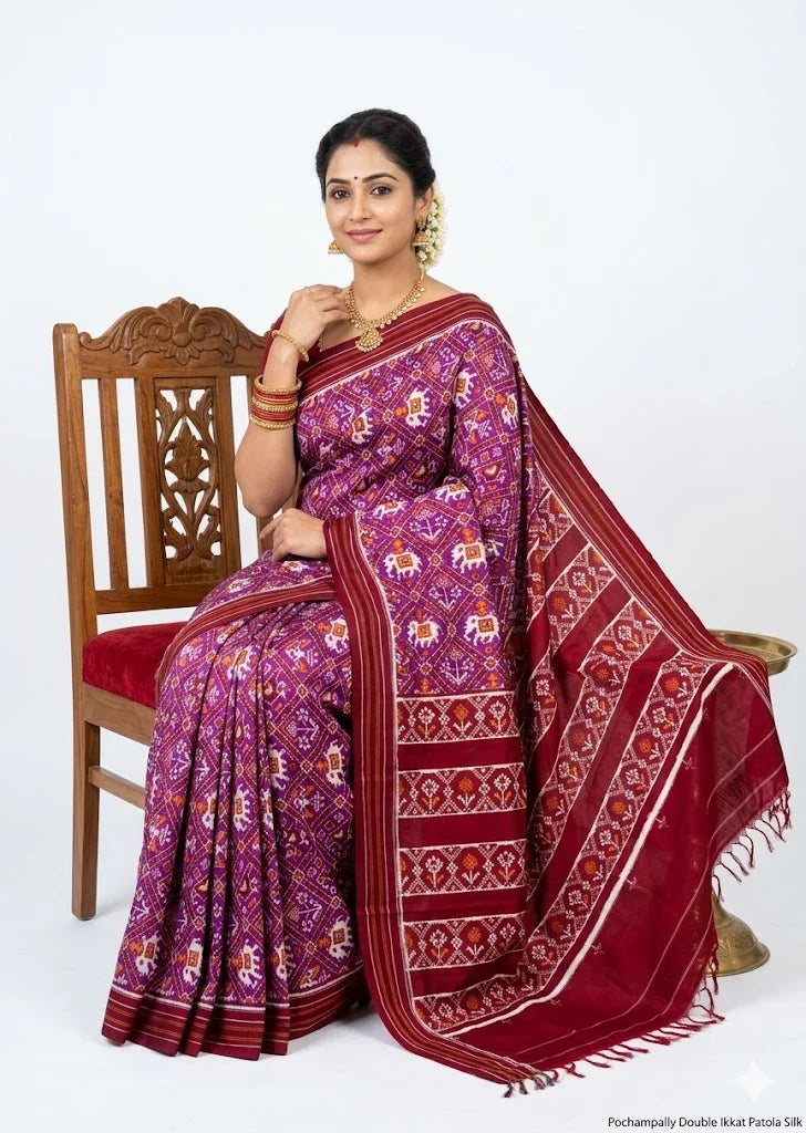 Pure Pochampally Double Ikat Patola Silk Saree - Purple & Red | Traditional Ethnic Wear - pochampallysarees.com
