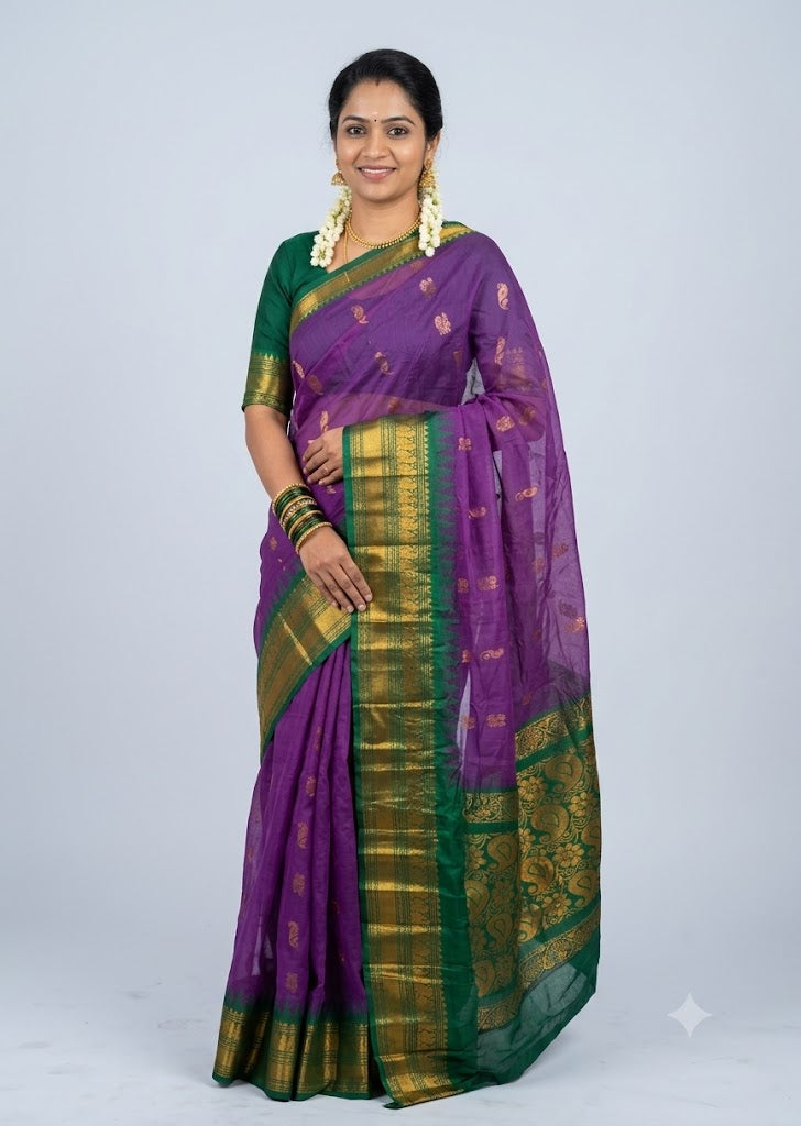 Traditional Purple Gadwal Cotton Saree with Dark Green Zari Border gc30