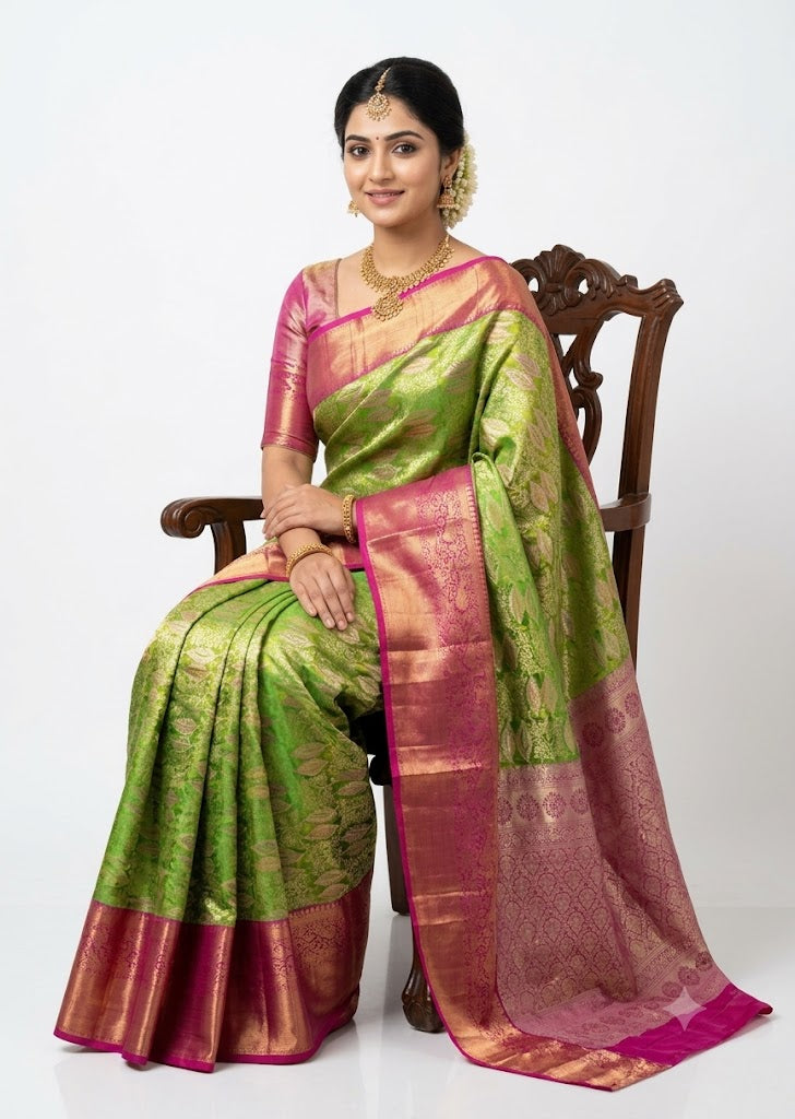 Dharmavaram Pattu Silk Saree Light Green With Purple Saree Onlin - pochampallysarees.com
