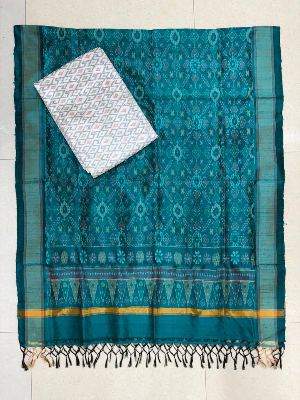 Latest Ikkat Silk Dress Material: Rama Green &amp; Cream Pochampally Salwar Suit