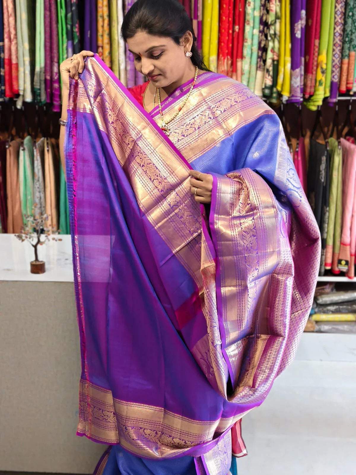 Pure kanchipuram tissue silk saree Sky Blue with Purple Checks floral design motif and long rich floral design border - pochampallysarees.com