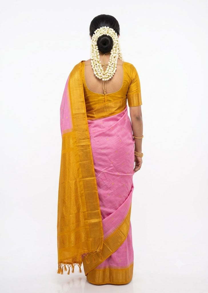 Handwoven Gadwal Silk Saree in Vibrant Pink with Rich Mustard Yellow Pallu