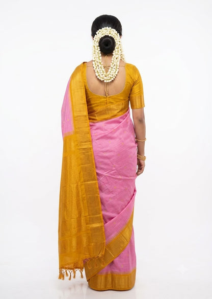 Handwoven Gadwal Silk Saree in Vibrant Pink with Rich Mustard Yellow Pallu