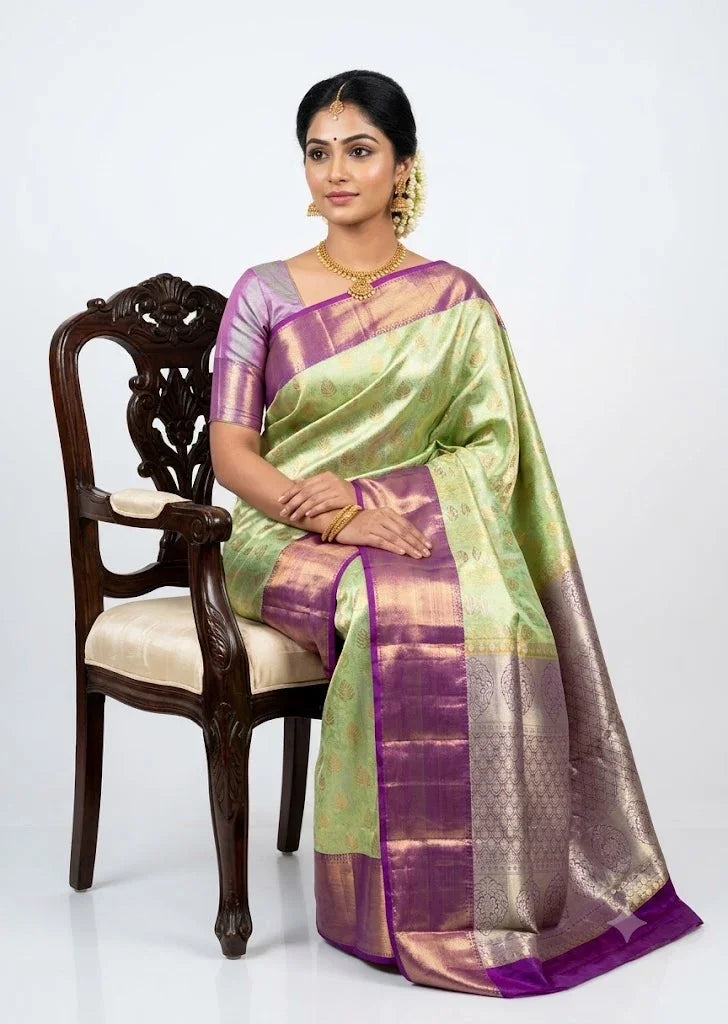 Dharmavaram Pattu Silk Saree Light Green With Purple Saree Online - pochampallysarees.com