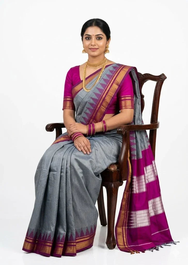 Sophisticated Silver-Gray Gadwal Saree with Magenta Pink Temple Border - pochampallysarees.com