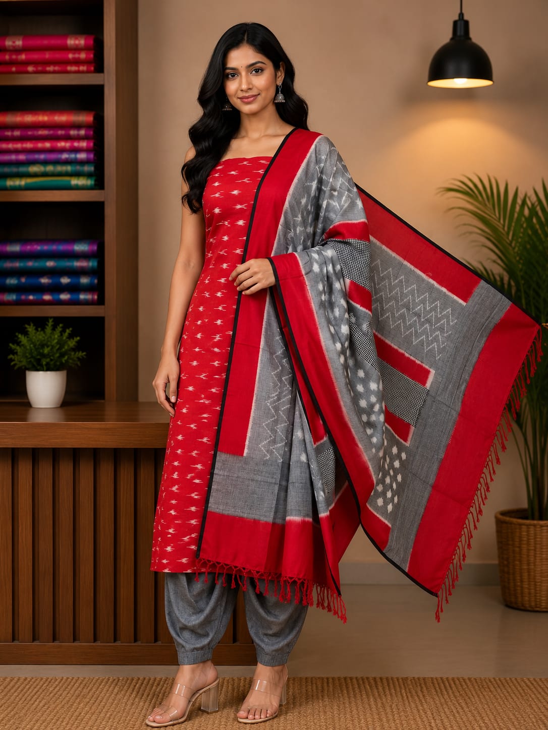 Crimson Red &amp; Slate Grey Handloom Double Ikkat Cotton Dress Material Set with Geometric Chevron Dupatta
