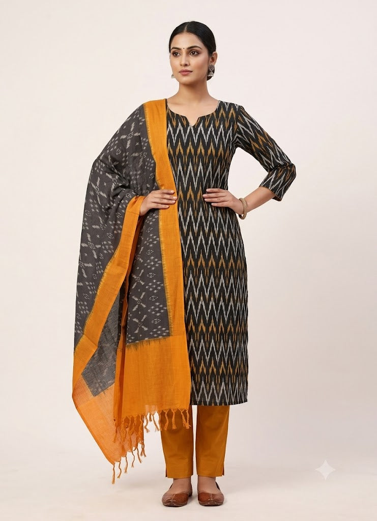POCHAMPALLY IKKAT COTTON BLACK WITH YELLOW COLOR DRESS MATERIAL -C19