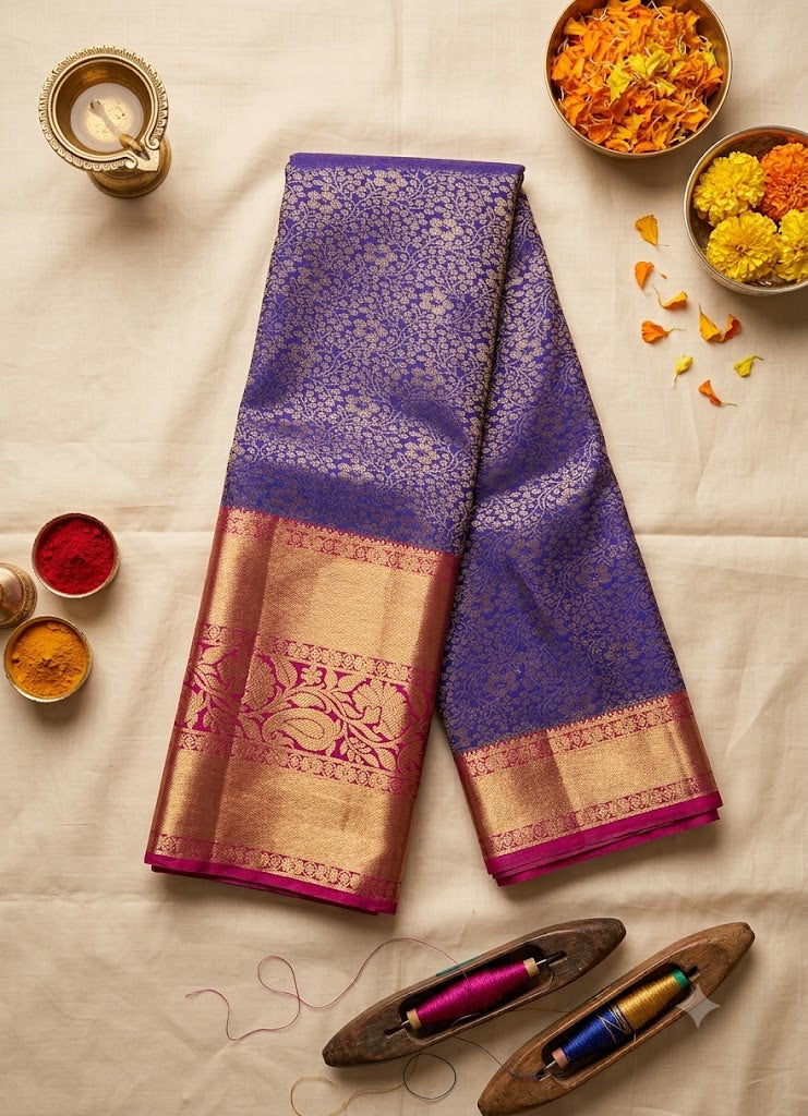 Voilet Semi Dharmavaram Silk Saree with Mejenta Pink Rich Zari Pallu &amp; Border
