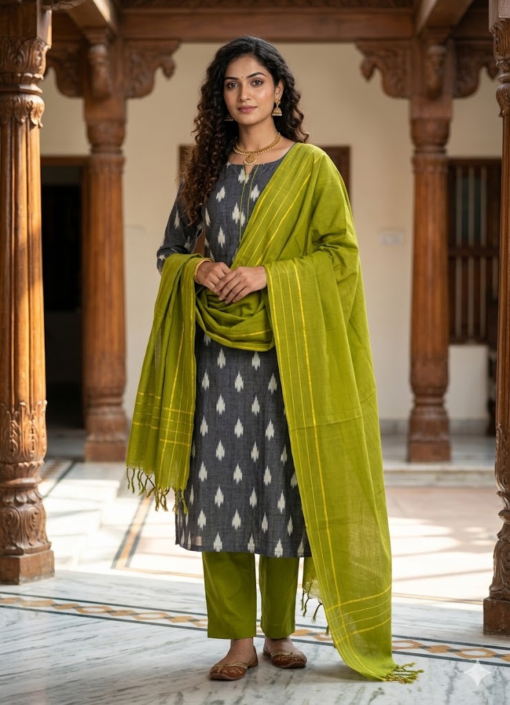 Pure Handloom Ikat Grey and Olive Green Unstitched Suit Set
