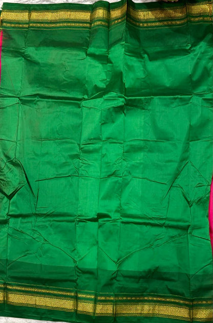 Deep Pink-Red Gadwal Silk Saree with Green &amp; Zari Border