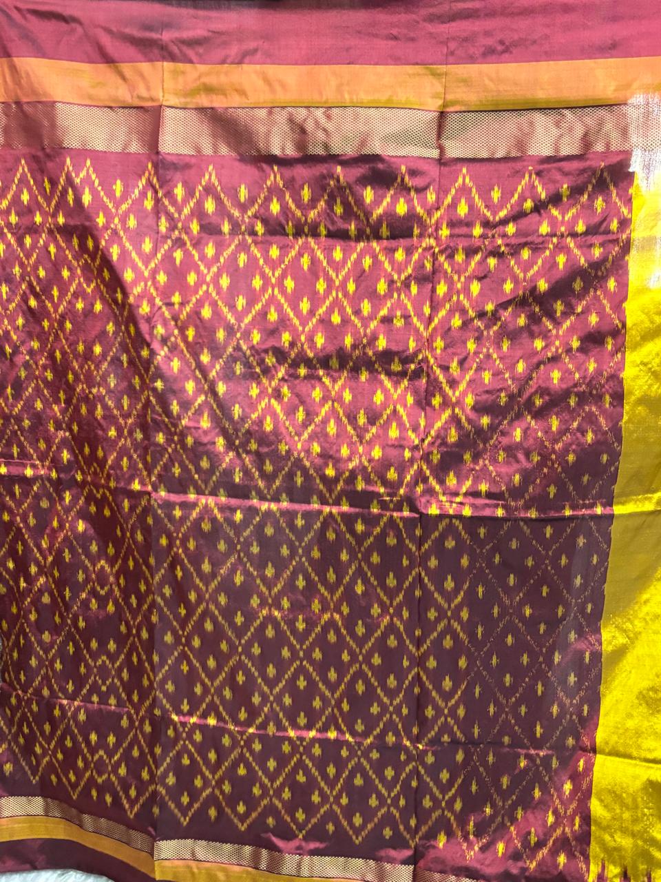 Semi Pochampally Ikat Silk Yellow Maroon Sari