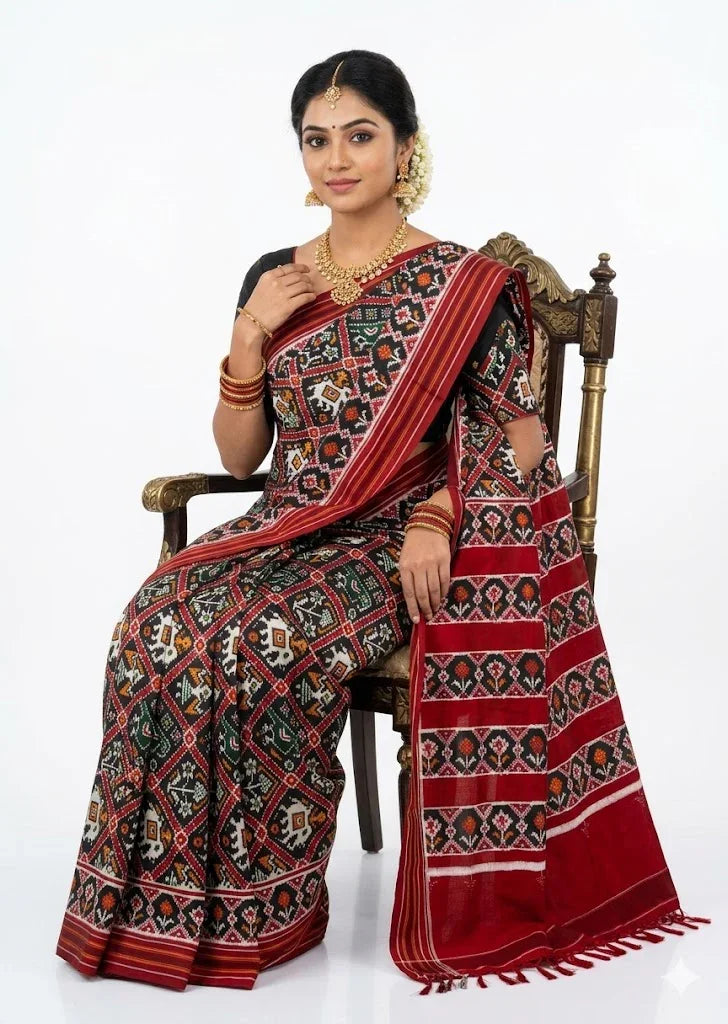 Pure Pochampally Double Ikkat Patola Silk Saree in Black &amp; Red - pochampallysarees.com