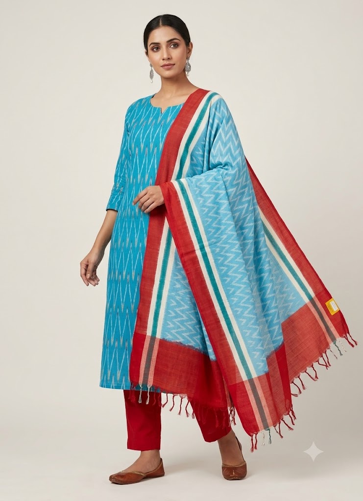 DOUBLE IKAT COTTON ANANDA BLUE WITH RED COLOR DRESS MATERIAL -C53