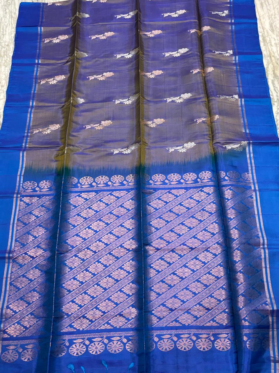 Elegant Dual-Tone Pure Soft Silk Saree with Ananda Blue Border &amp; Blouse | Buy Online