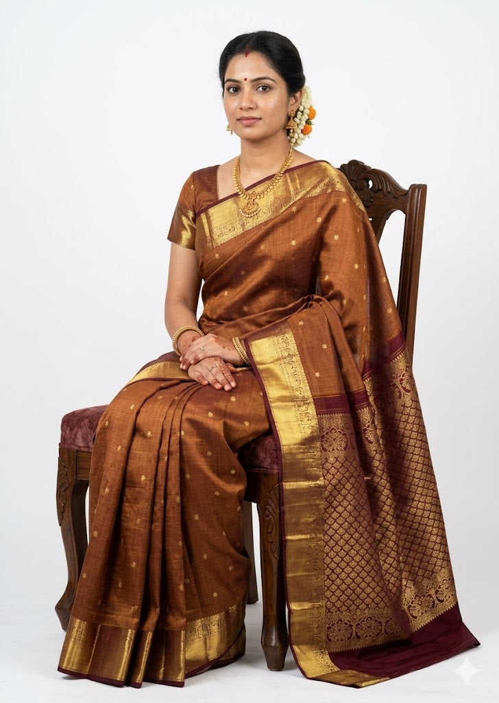 Authentic Brown and Maroon Kanchipuram Pattu Saree