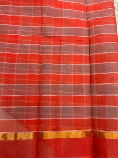 MANGALAGIRI COTTONS BODY GRAY BLUE CHECKS DESIGNER BORDER ZARI PALLU AND BLOUSE RUNNING