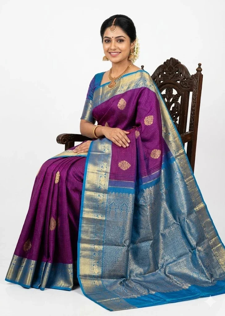 Pure-Kanchipuram-Pattu-Saree-Purple-Sky-Blue-Gold-Zari-Border