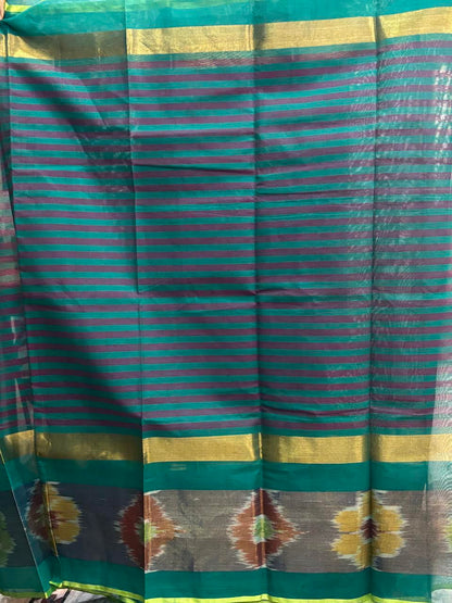 MANGALAGIRI COTTONS BODY BLUE CHOCOLATE BORDER IKKAT RUNNING BLOUSE - pochampallysarees.com