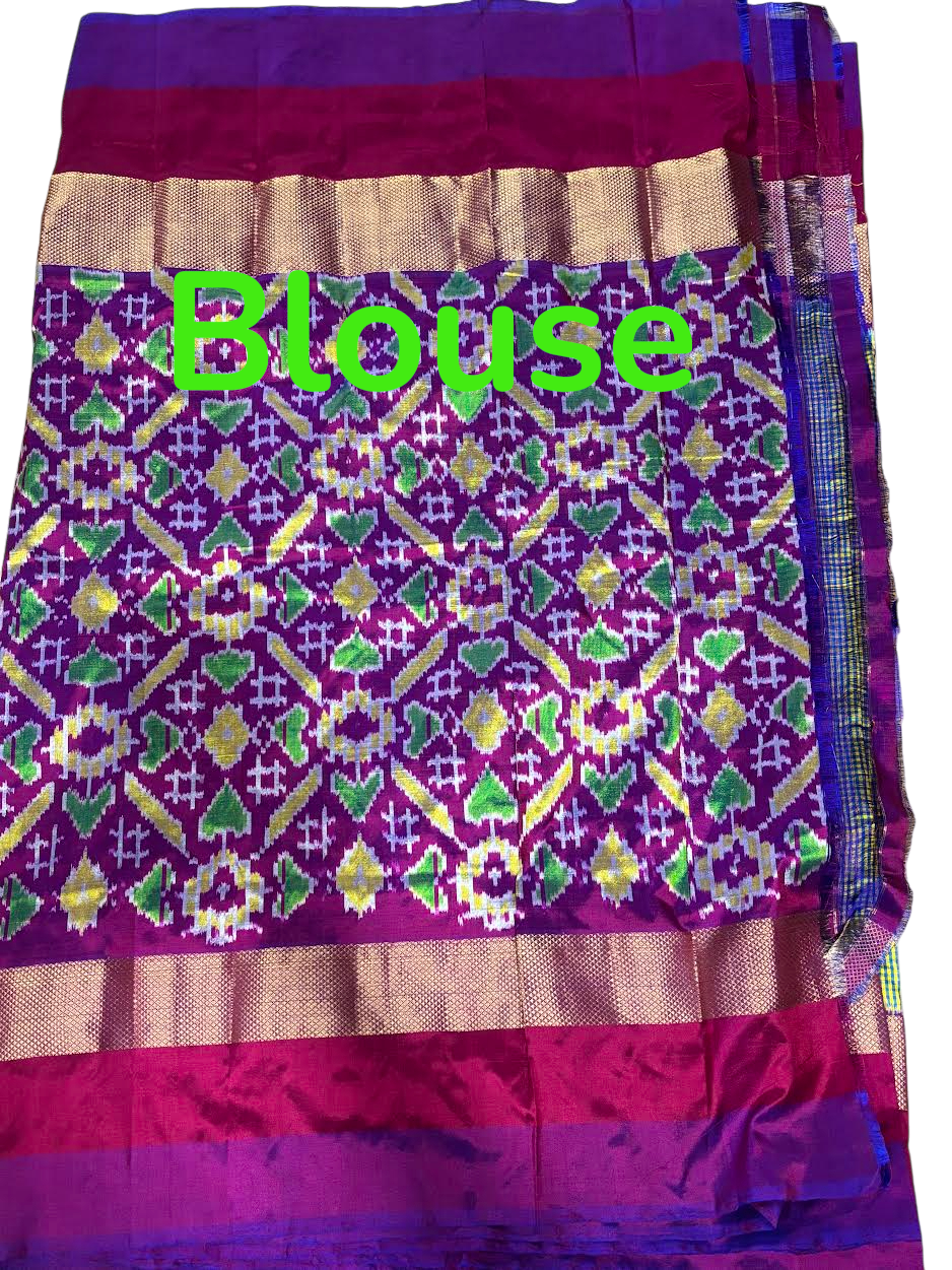 POCHAMPALLY IKKAT SILK BODY GREEN AND YELLOW CHECKS BORDER PURPLE AND PALLU AND BLOUSE IKKAT DESIGN PURPLE SARI
