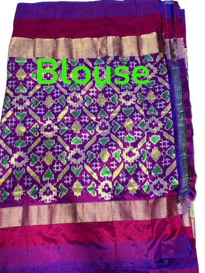 POCHAMPALLY IKKAT SILK BODY GREEN AND YELLOW CHECKS BORDER PURPLE AND PALLU AND BLOUSE IKKAT DESIGN PURPLE SARI