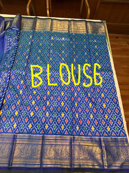 Royal Blue Pochampally Ikat Kanchi Silk Saree with Rich Gold Zari Border &amp; Grand Pallu | Traditional Wedding Pattu Saree - pochampallysarees.com