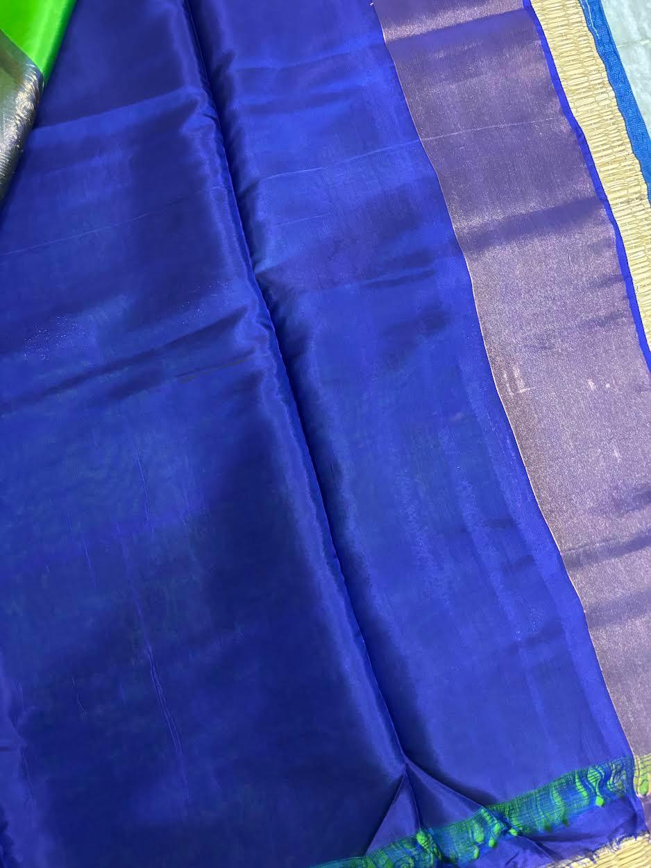 PURE SOFT SILK SAREE PARROT GREEN AND BLUE WITH ALLOVER BUTTI DESIGN WEAVES IN BORDER AND PALLU TISSUE STYLE - pochampallysarees.com