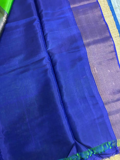 PURE SOFT SILK SAREE PARROT GREEN AND BLUE WITH ALLOVER BUTTI DESIGN WEAVES IN BORDER AND PALLU TISSUE STYLE - pochampallysarees.com