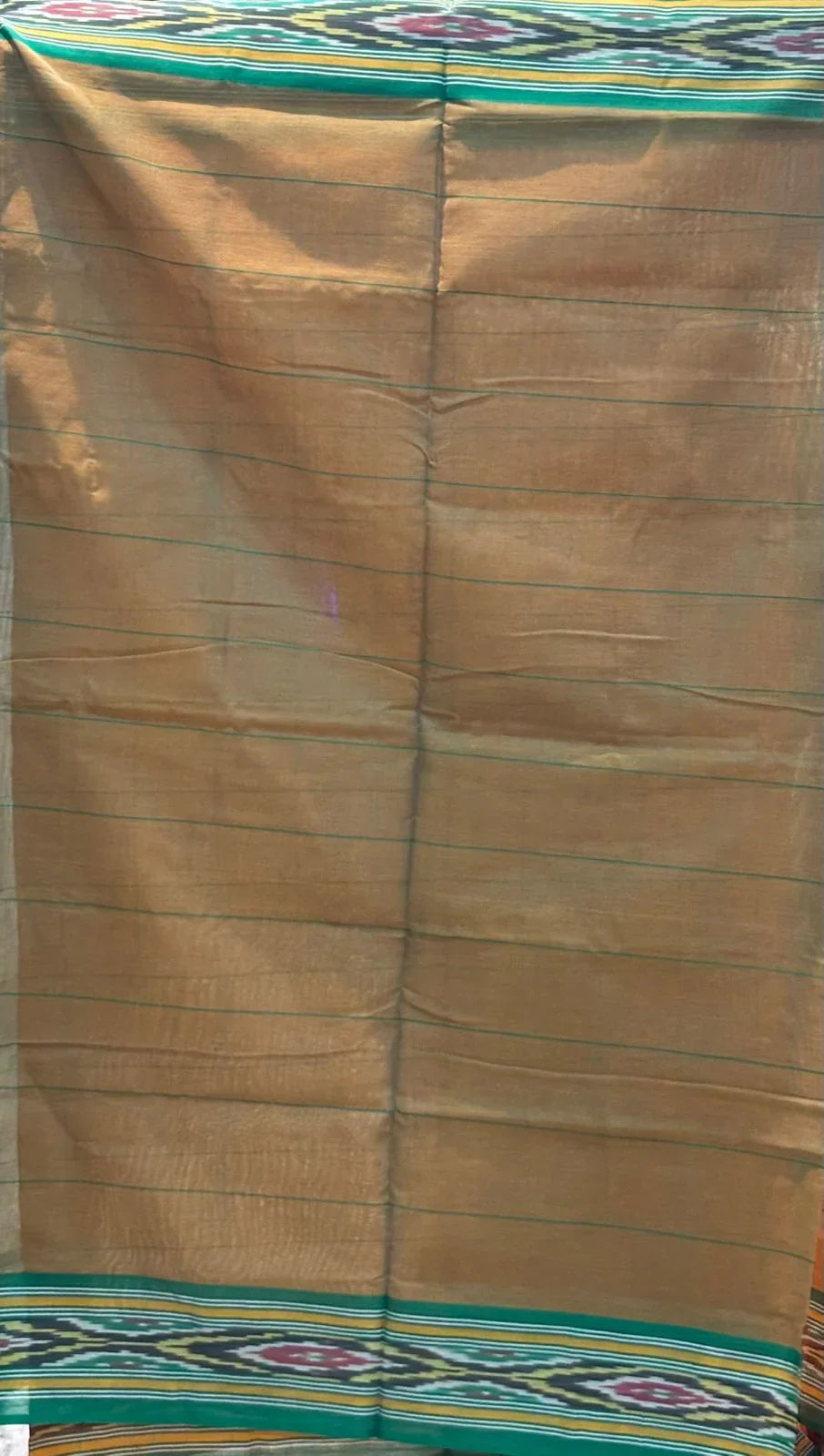 Elegant Mustard Yellow Checked Cotton Saree with Contrasting Green Border &amp; Blouse Piece - pochampallysarees.com