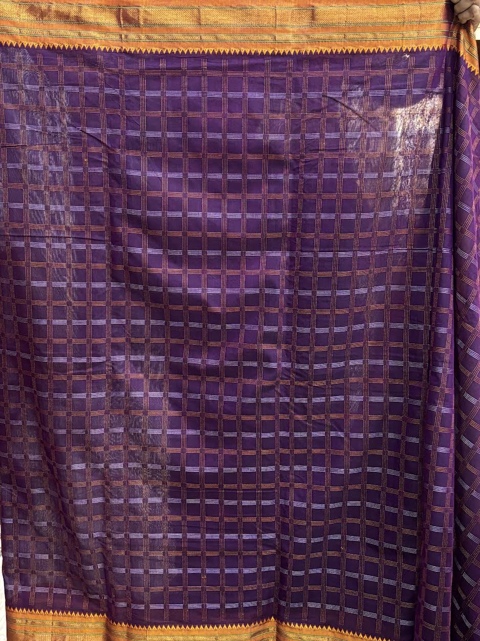 MANGALAGIRI COTTONS BODY LAVENDER CHECKS BORDER YELLOW PALLU AND BLOUSE CHECKS - pochampallysarees.com