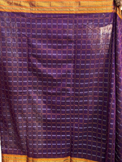 MANGALAGIRI COTTONS BODY LAVENDER CHECKS BORDER YELLOW PALLU AND BLOUSE CHECKS - pochampallysarees.com