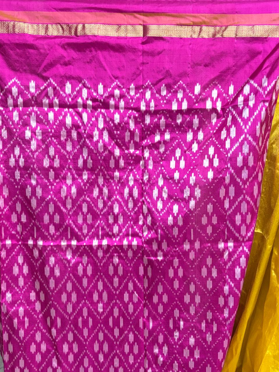 Semi Pochampally Ikat Silk Yellow Pink Sari